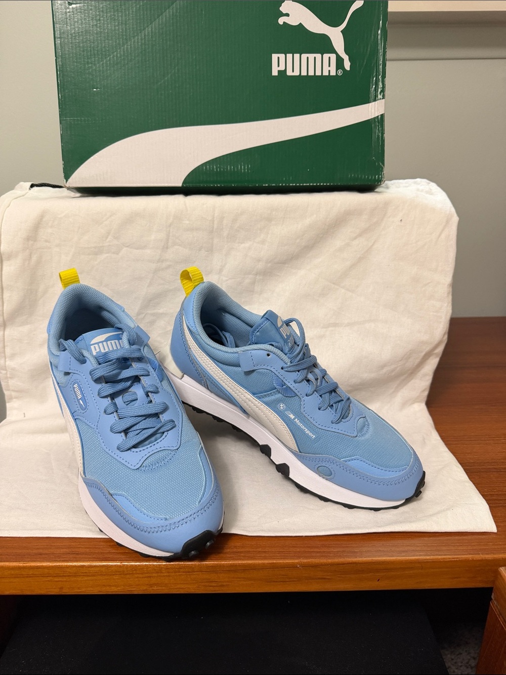 Puma Light Blue and White Women's Sneakers with Yellow Heel Tabs BMW COLAB